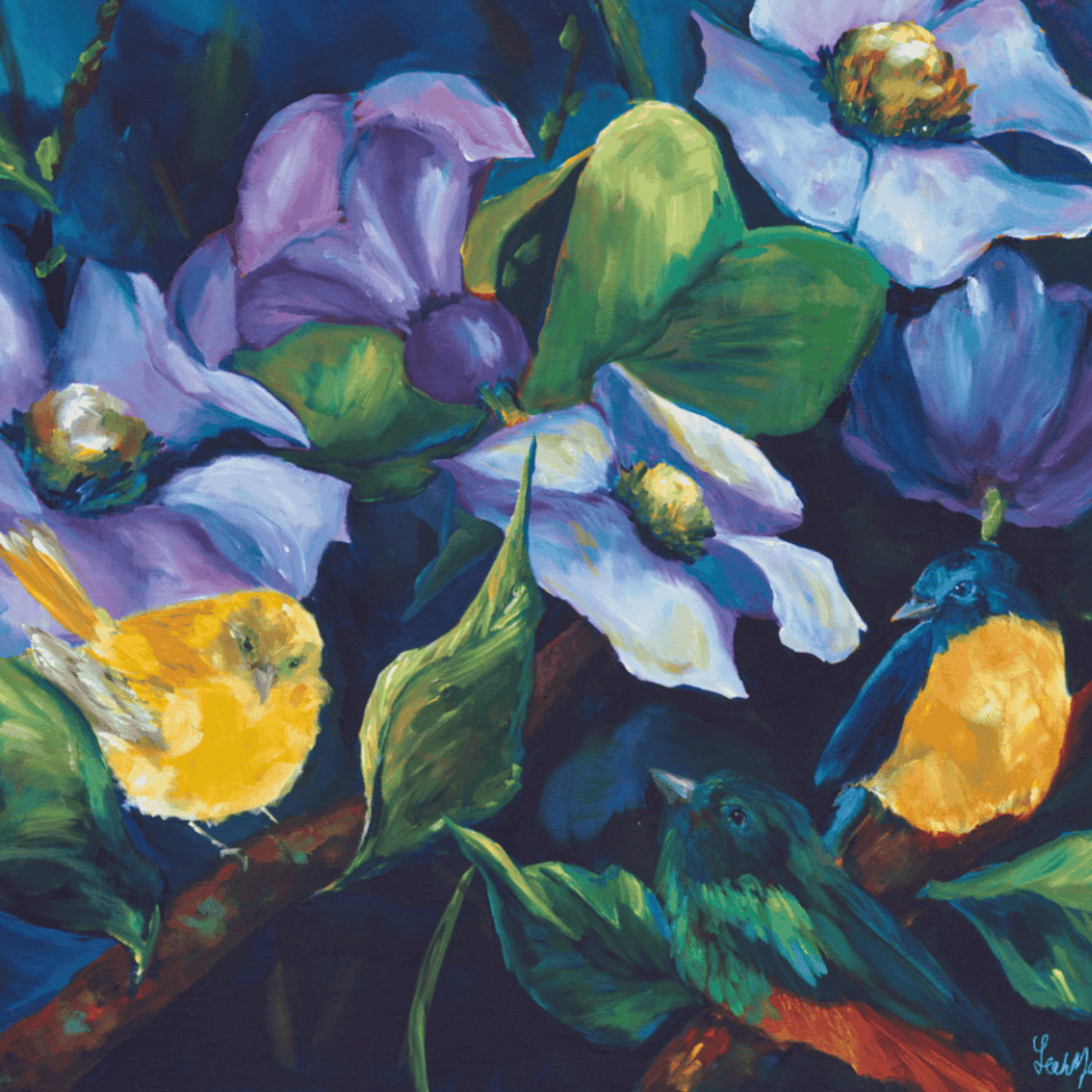 Close-up of bird and floral painting with rich color, expressive brushwork, and vibrant spring blooms in joyful nature artwork