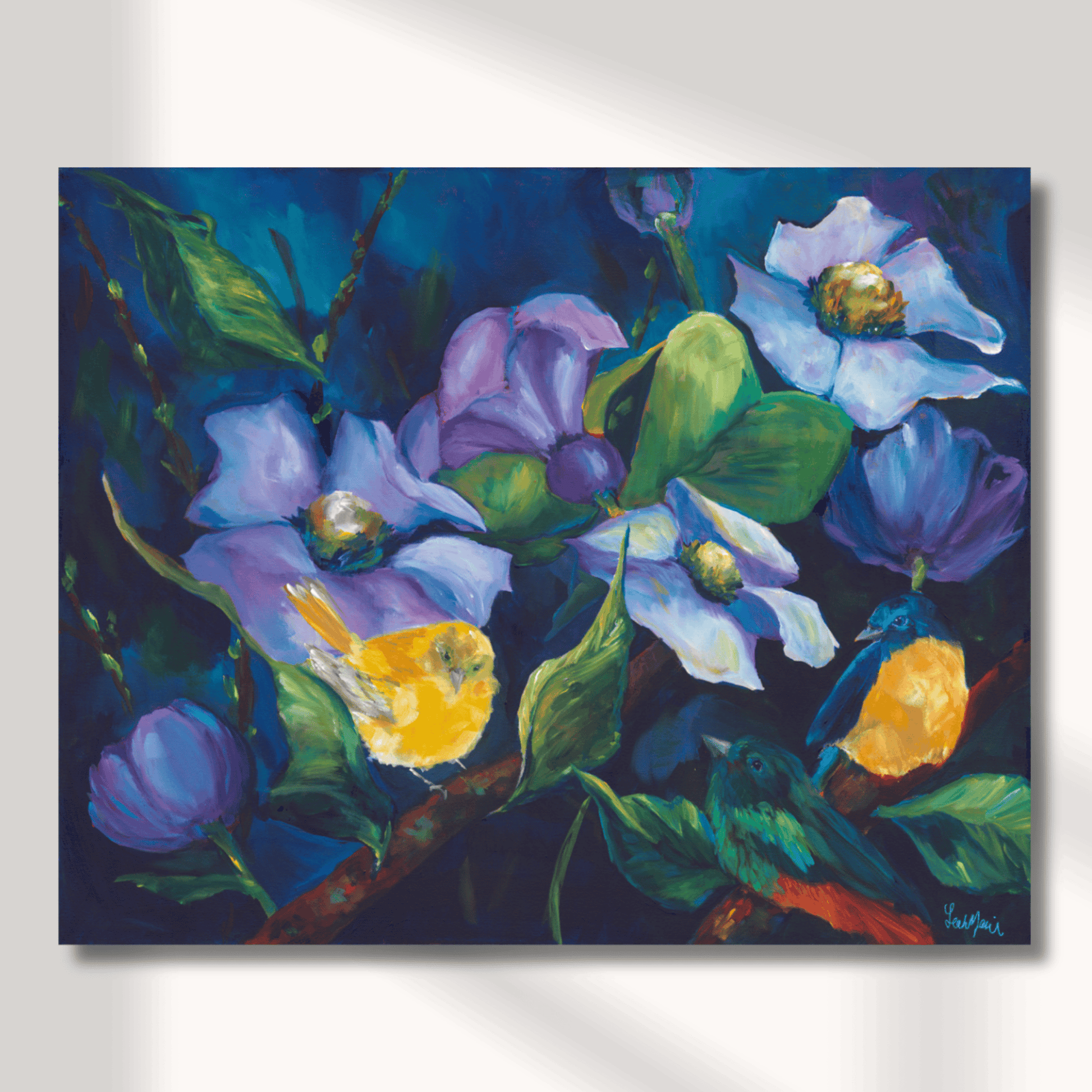 Large original floral and bird painting “Music of Spring” with vibrant blooms and colorful birds, joyful nature artwork full of movement and energy