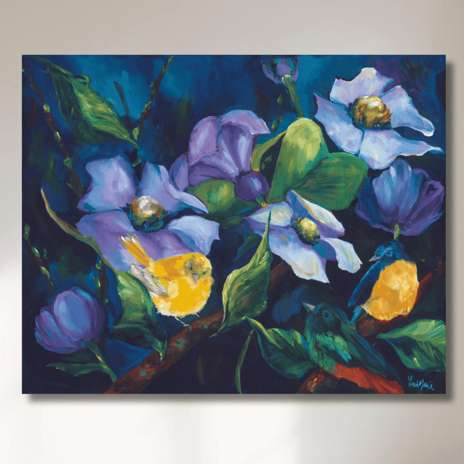 Moody floral and bird painting print in rich blues and purples, dopamine decor wall art for maximalist homes, expressive nature art for collectors