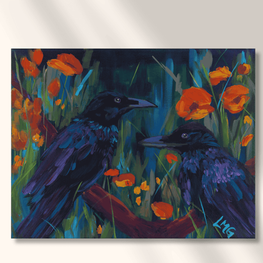 Three expressive ravens painted in rich purples and blues, nestled together in a lush scene of tall grass and vibrant red-orange poppies.