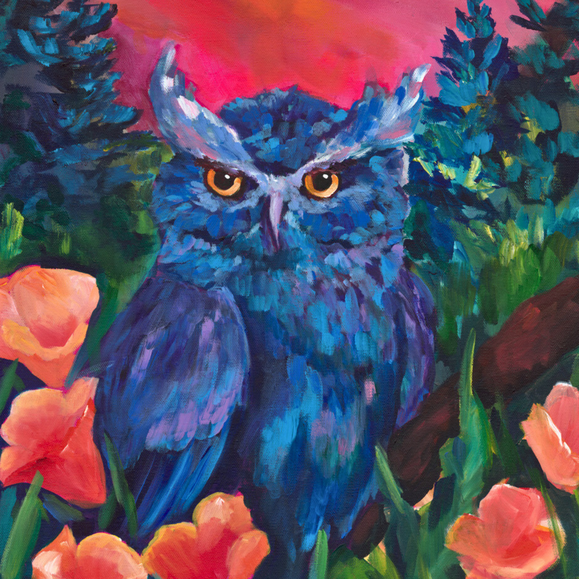 colorful sunset over bold blue owl set in amongst wildflowers perfect statement piece for any dopamine maximalsit living room or office
