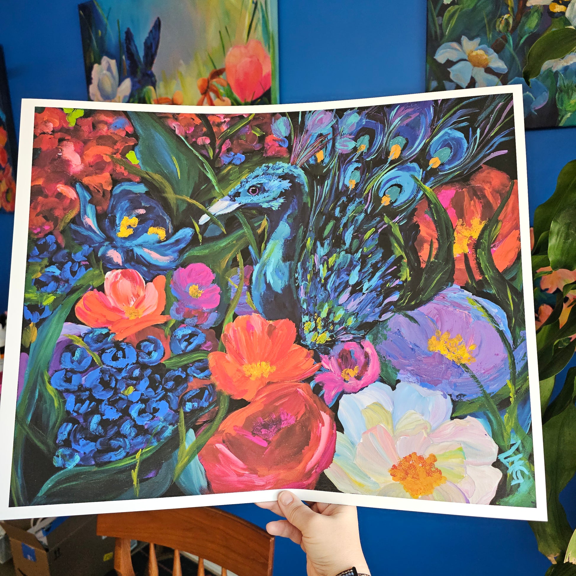 Peacock floral giclee print featuring vibrant butterflies and birds, perfect for maximalist interiors or dopamine decor collectors.