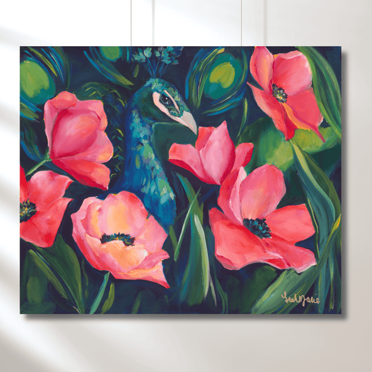 bold colorful flower pewacock painting. Signifying bold beauty, uniqueness and strength