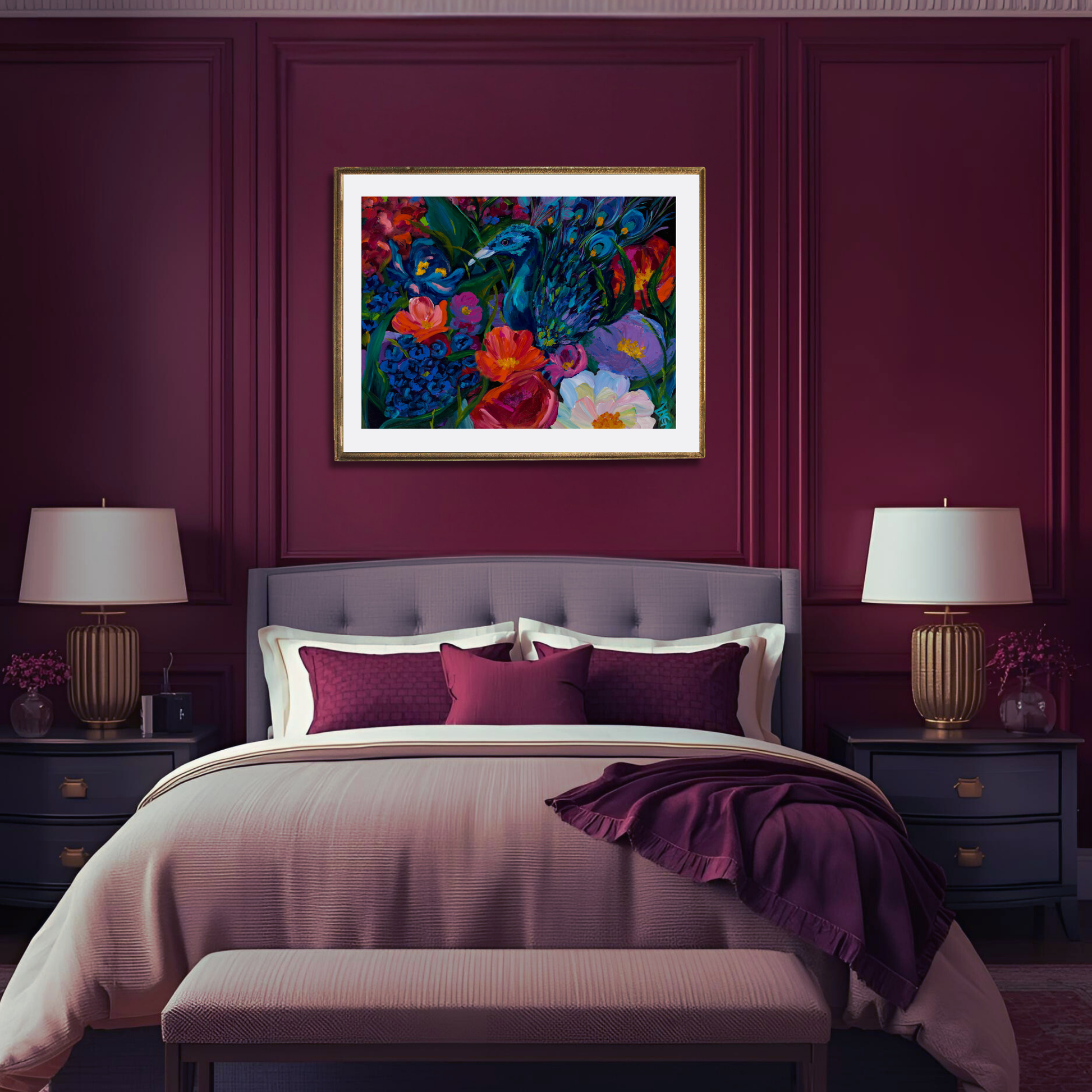 Multicolored floral and fauna giclee print, designed to uplift and personalize maximalist or boho spaces