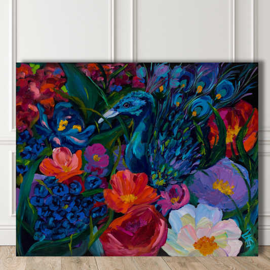Vibrant peacock surrounded by butterflies and blooms, perfect for art collectors and bold interior stylists.