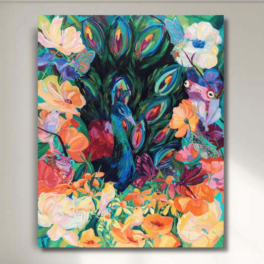fine art print of flowers peacock with blues pinks and oranges bld colors for a big statment piece