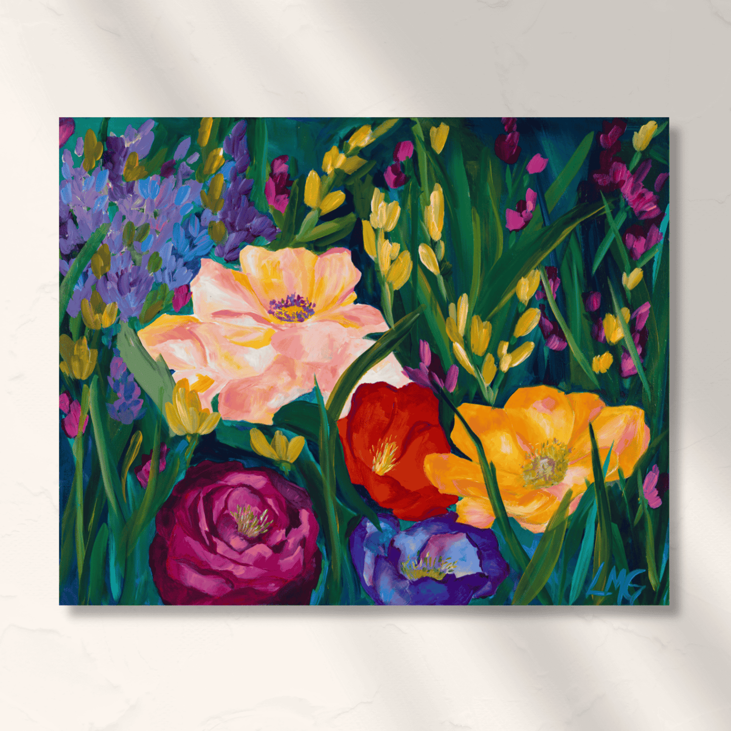 Jewel-toned floral artwork filled with vibrant summer color, created for bold, expressive interiors that embrace joy and abundance.