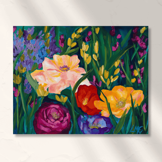 Jewel-toned floral artwork filled with vibrant summer color, created for bold, expressive interiors that embrace joy and abundance.