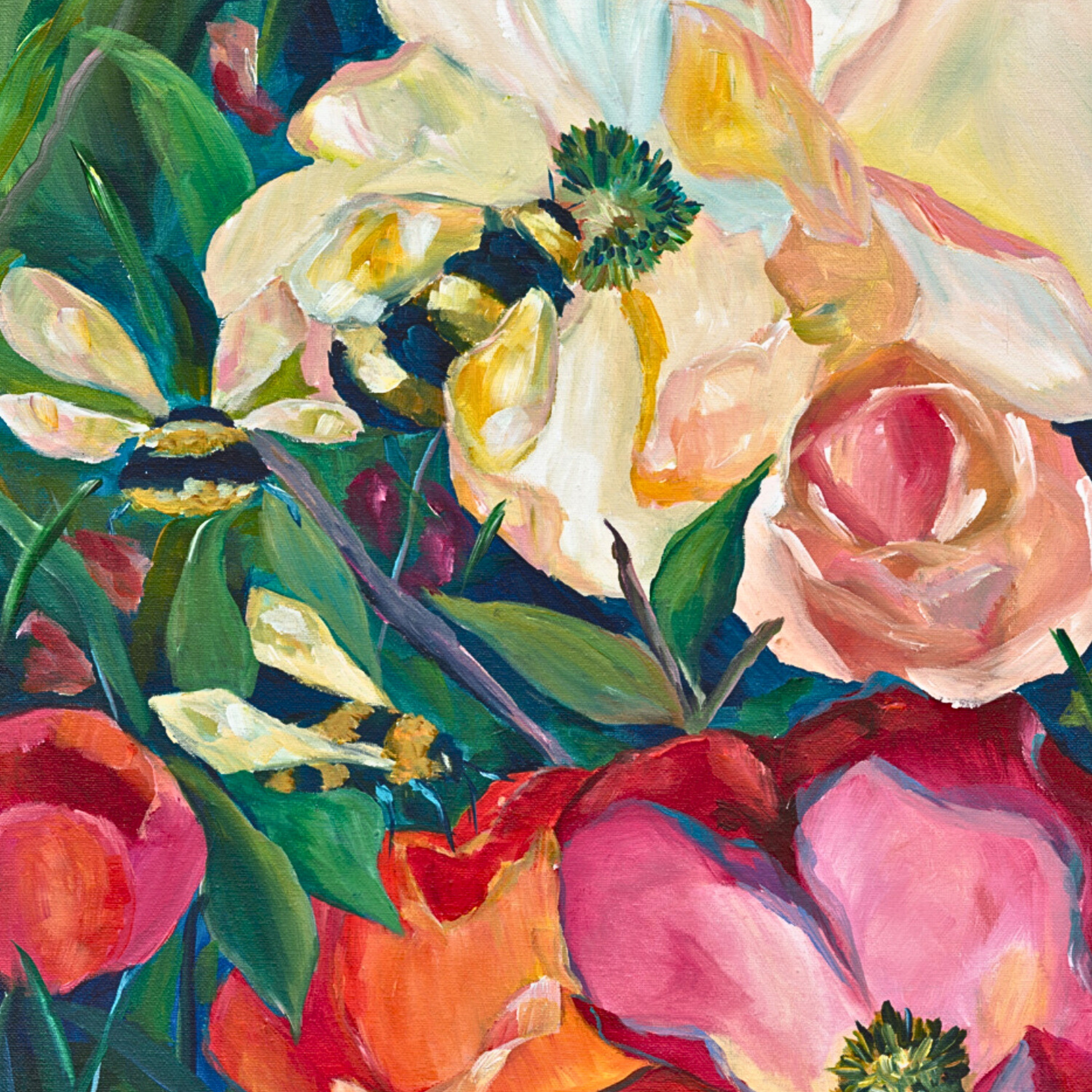 pink peony flower garden original painting full of dopamine colors