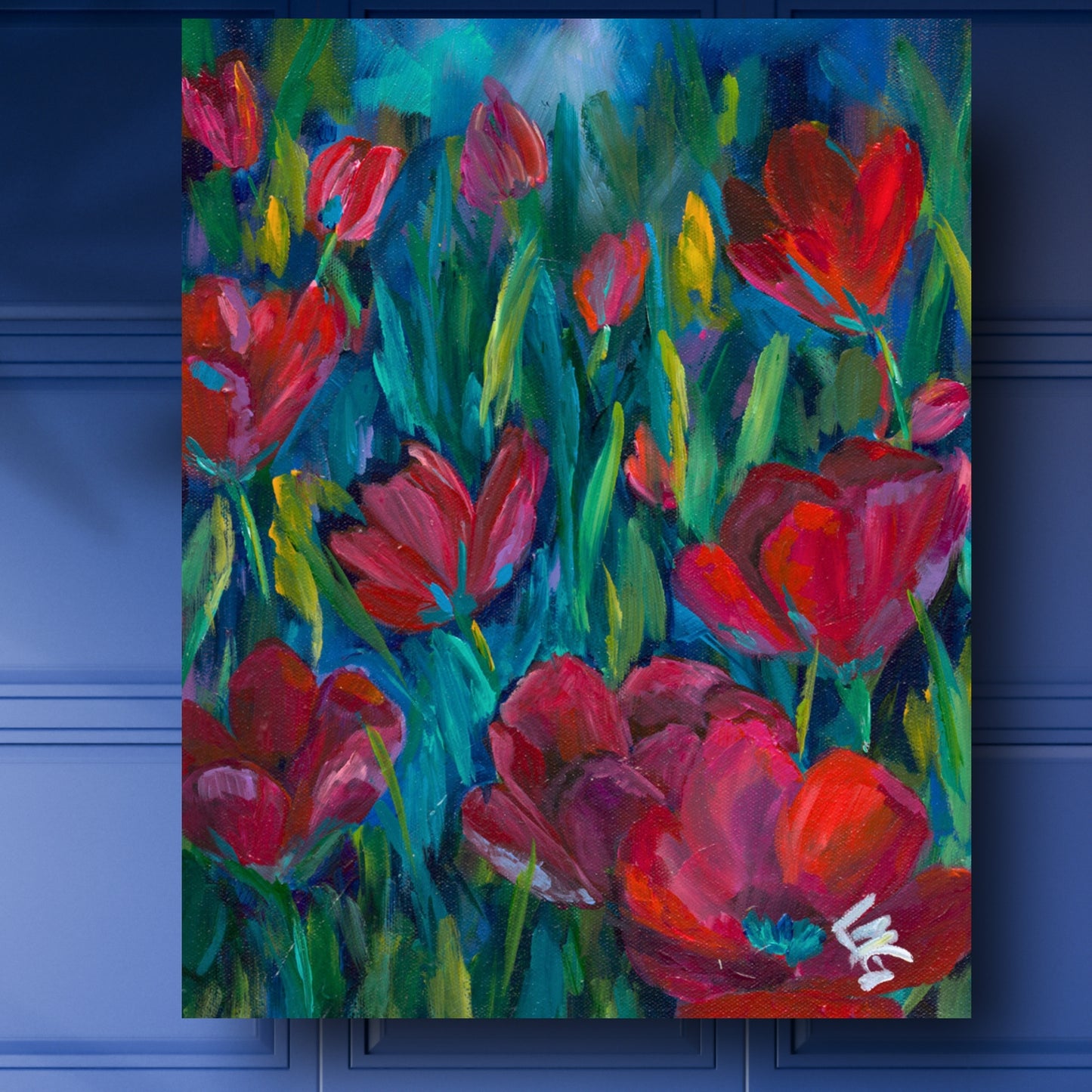 abstract spring pink flowers original 11x14 painting on canvas