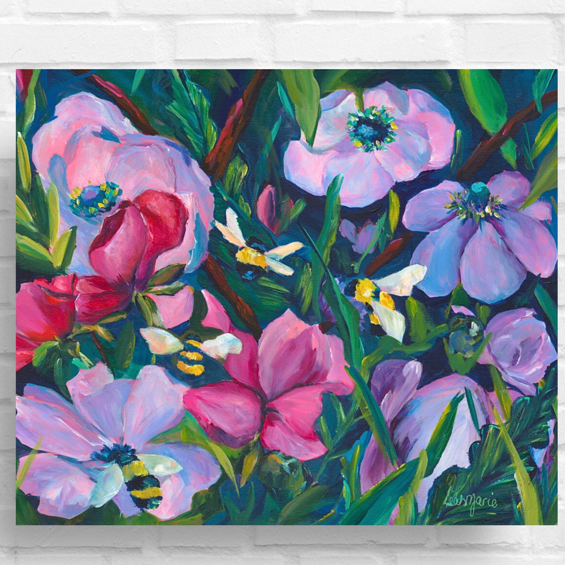 bumble bees buzzing around in a hot pink and light purple flower garden original painting on canvas