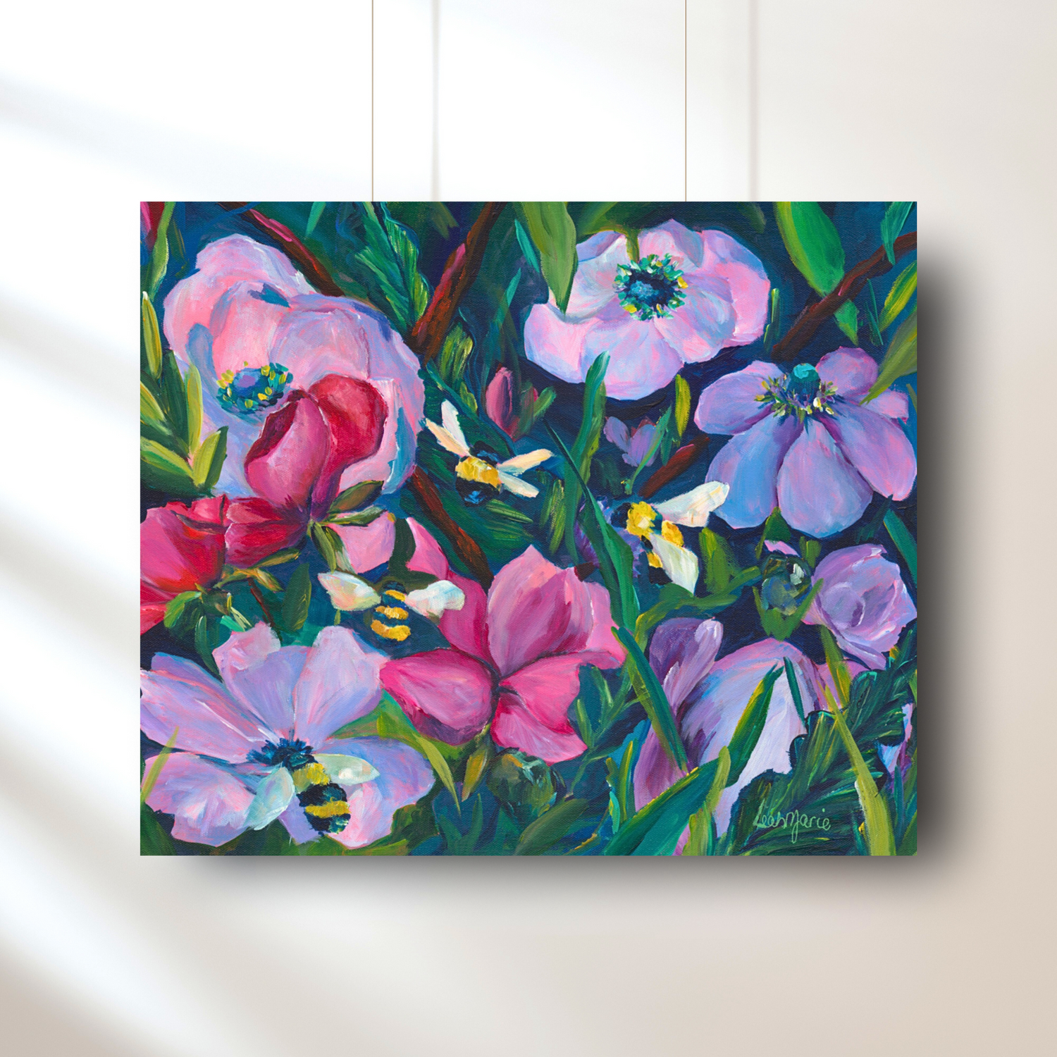 A vibrant original painting featuring a floral pattern with prominent pink and purple flowers and bees, signed by the artist.