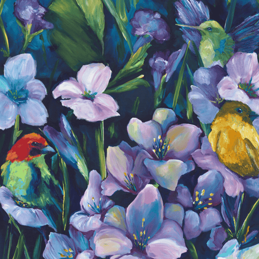 Close-up of floral and bird painting with soft petals, gentle colors, and expressive brushwork in a calm, nature-inspired artwork