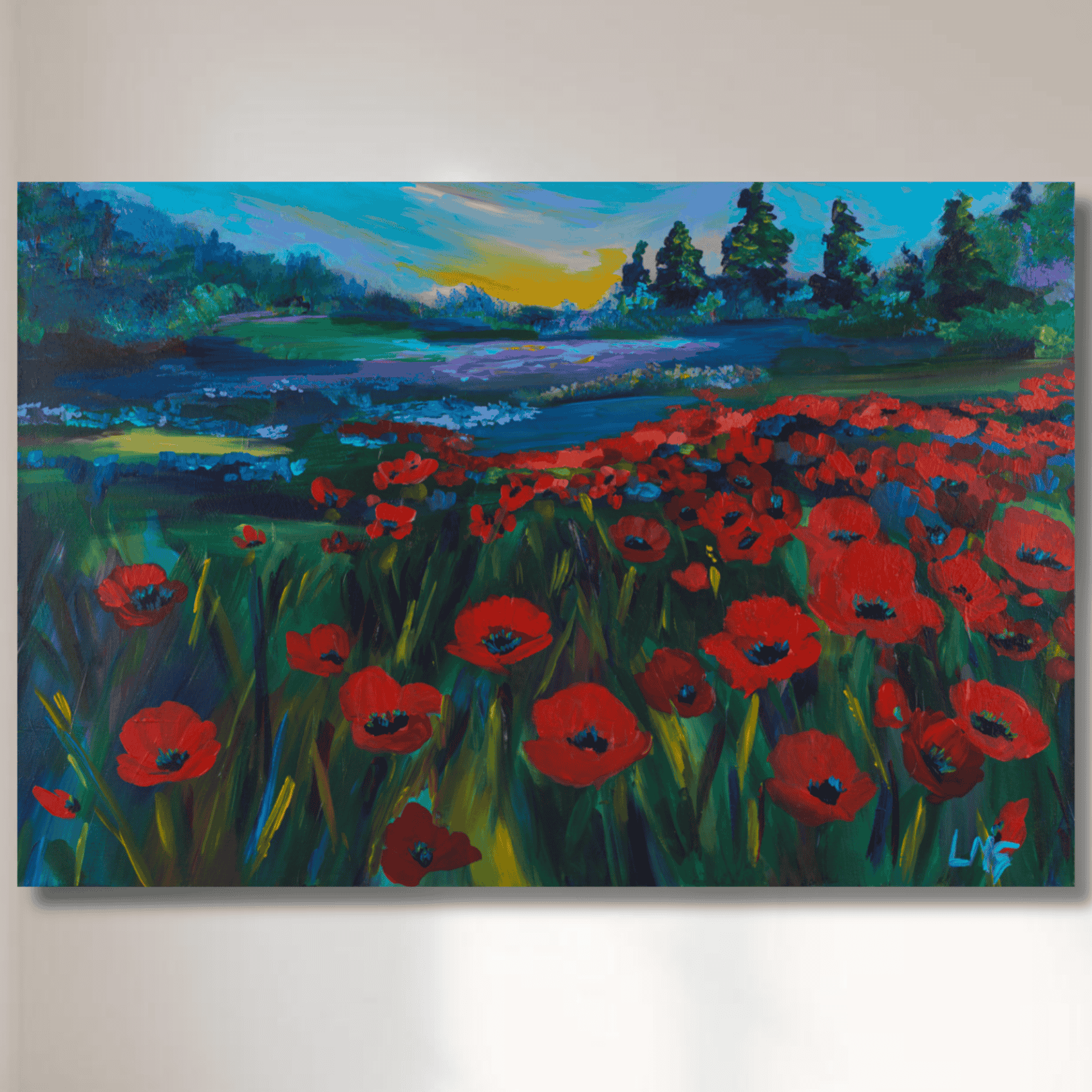 Colorful horizontal floral canvas wall art featuring red poppies and lush green meadow background