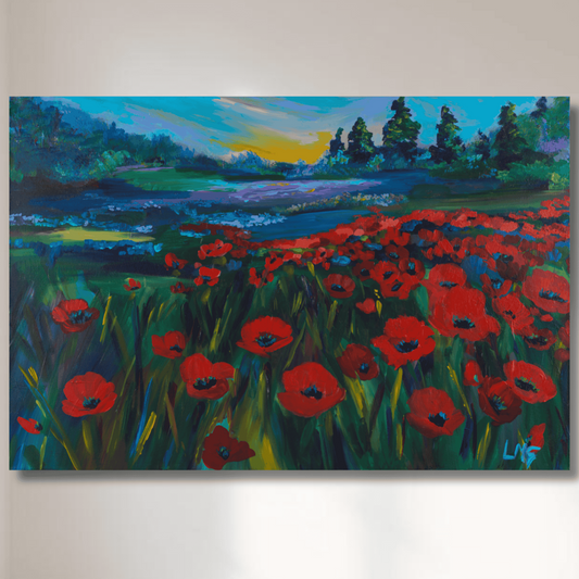 Colorful horizontal floral canvas wall art featuring red poppies and lush green meadow background