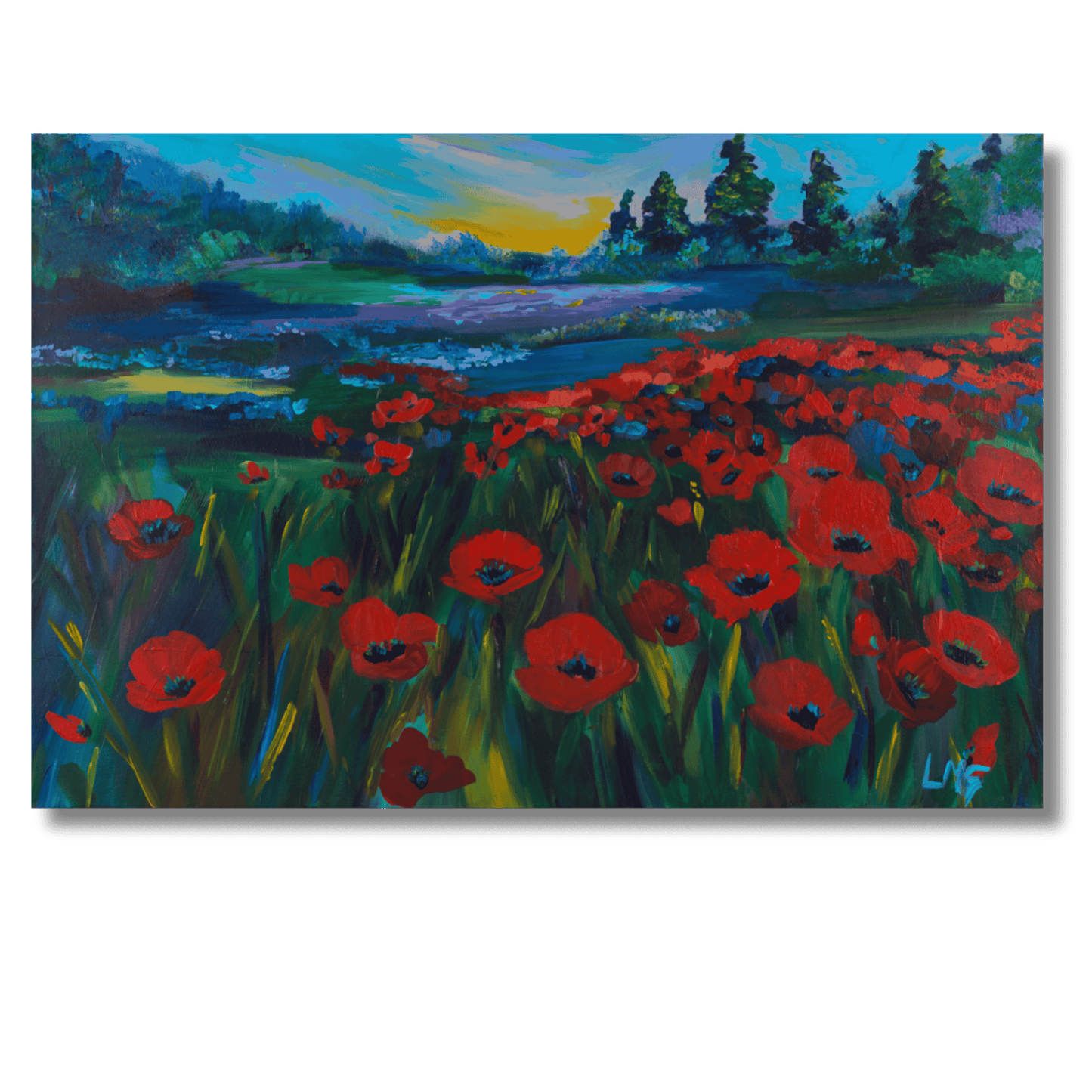 Museum-quality giclee paper print and gallery-wrapped canvas of vibrant spring wildflower artwork