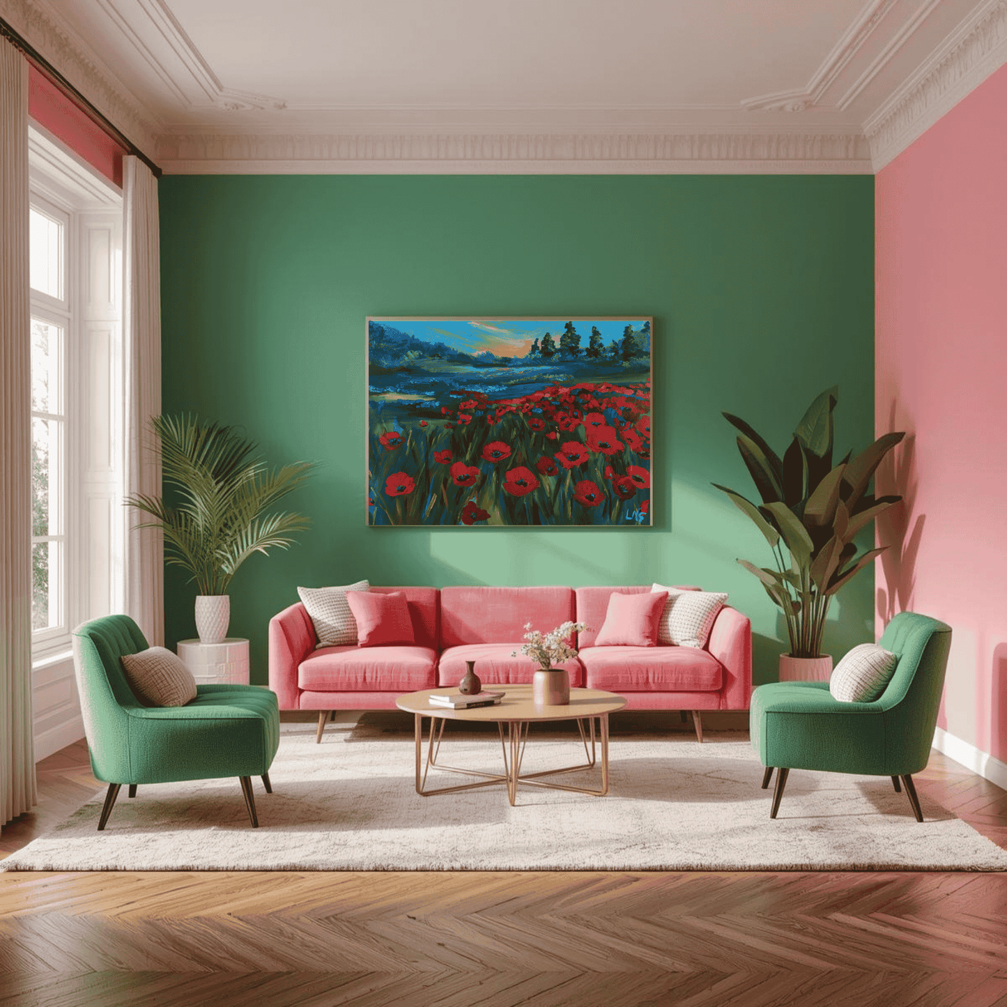 Bold red floral painting with soft pink blossoms and textured green foliage on deep teal background