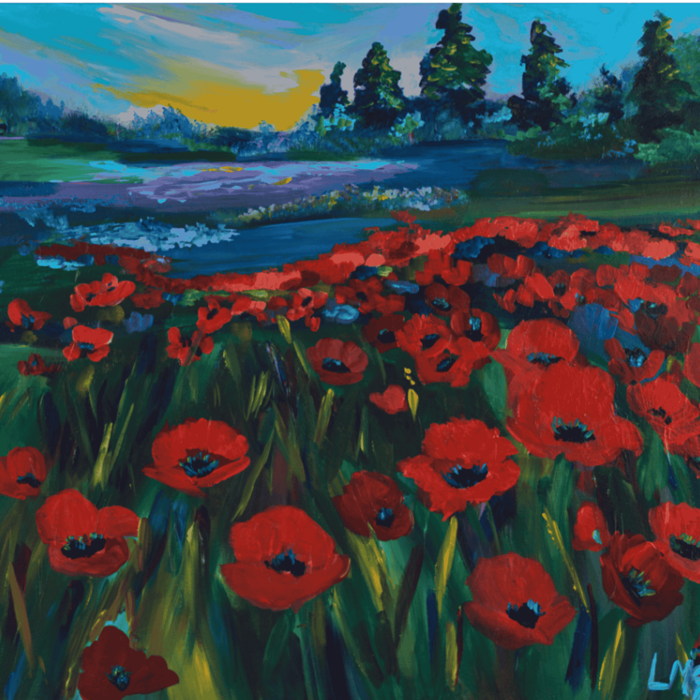 Close-up detail of red and white wildflowers showing expressive brushwork and rich layered color