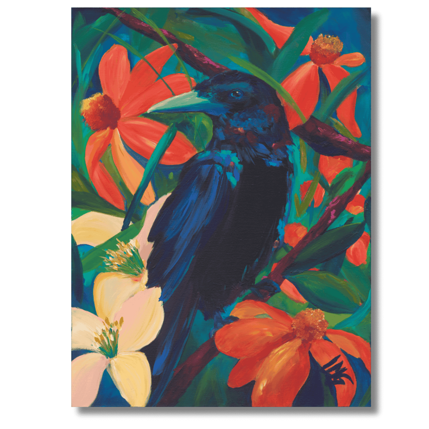 Bold botanical artwork with dramatic crow perched among bright tropical flowers and lush green leaves