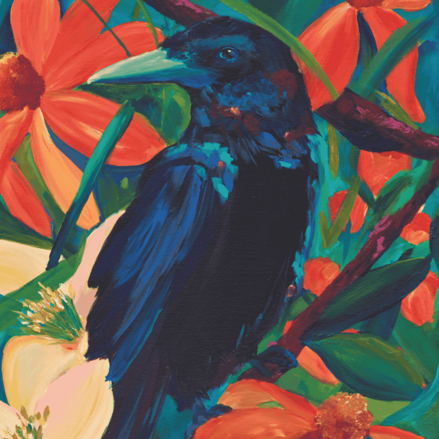 Colorful tropical bird canvas wall art featuring dark blue black bird among bold orange flowers