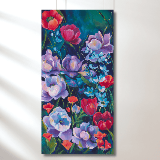 purple and pink hummingbird floral painting long narrow perfect for a statement piece in a maximalsit dopamine space