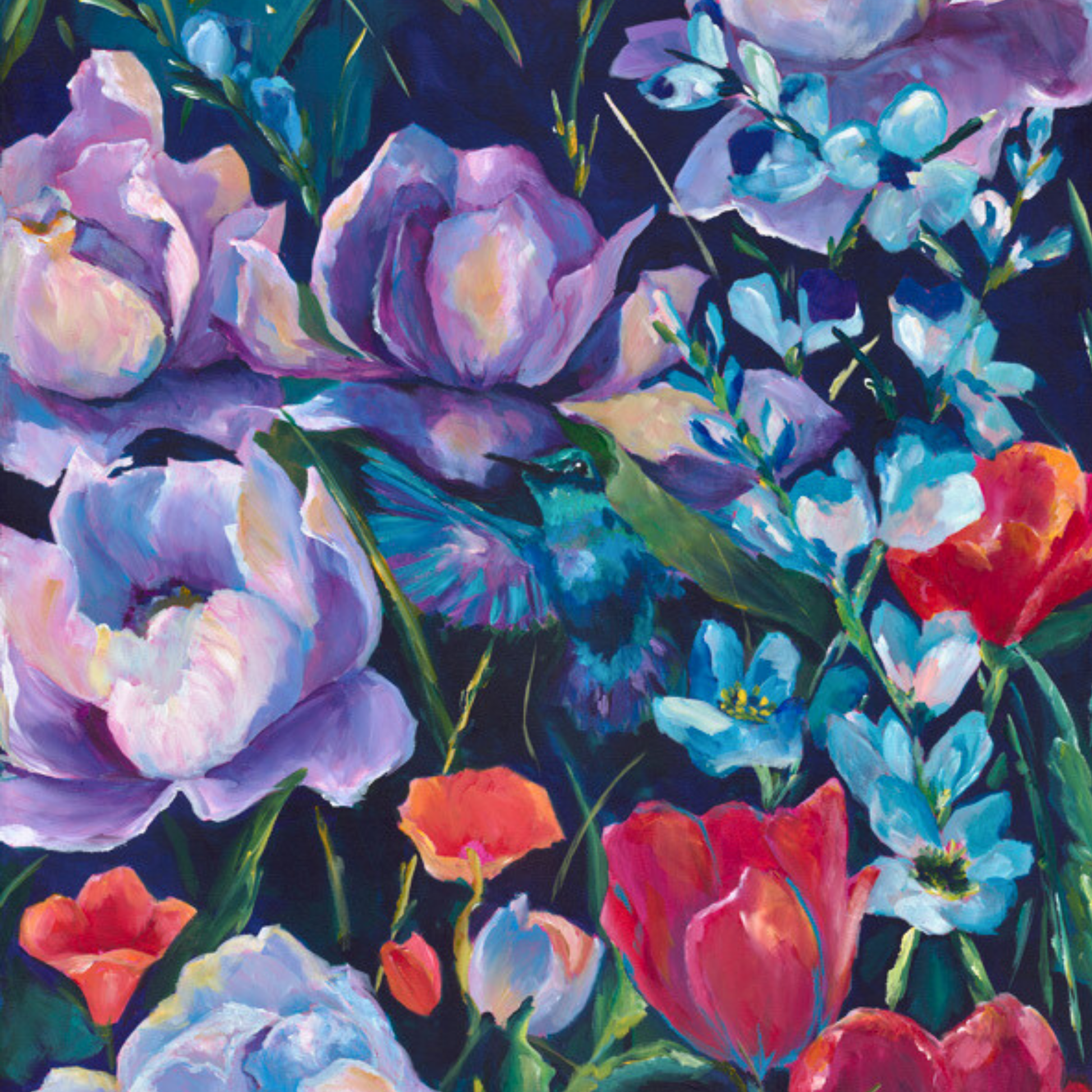 purple and pink hummingbird floral painting long narrow perfect for a statement piece in a maximalsit dopamine space