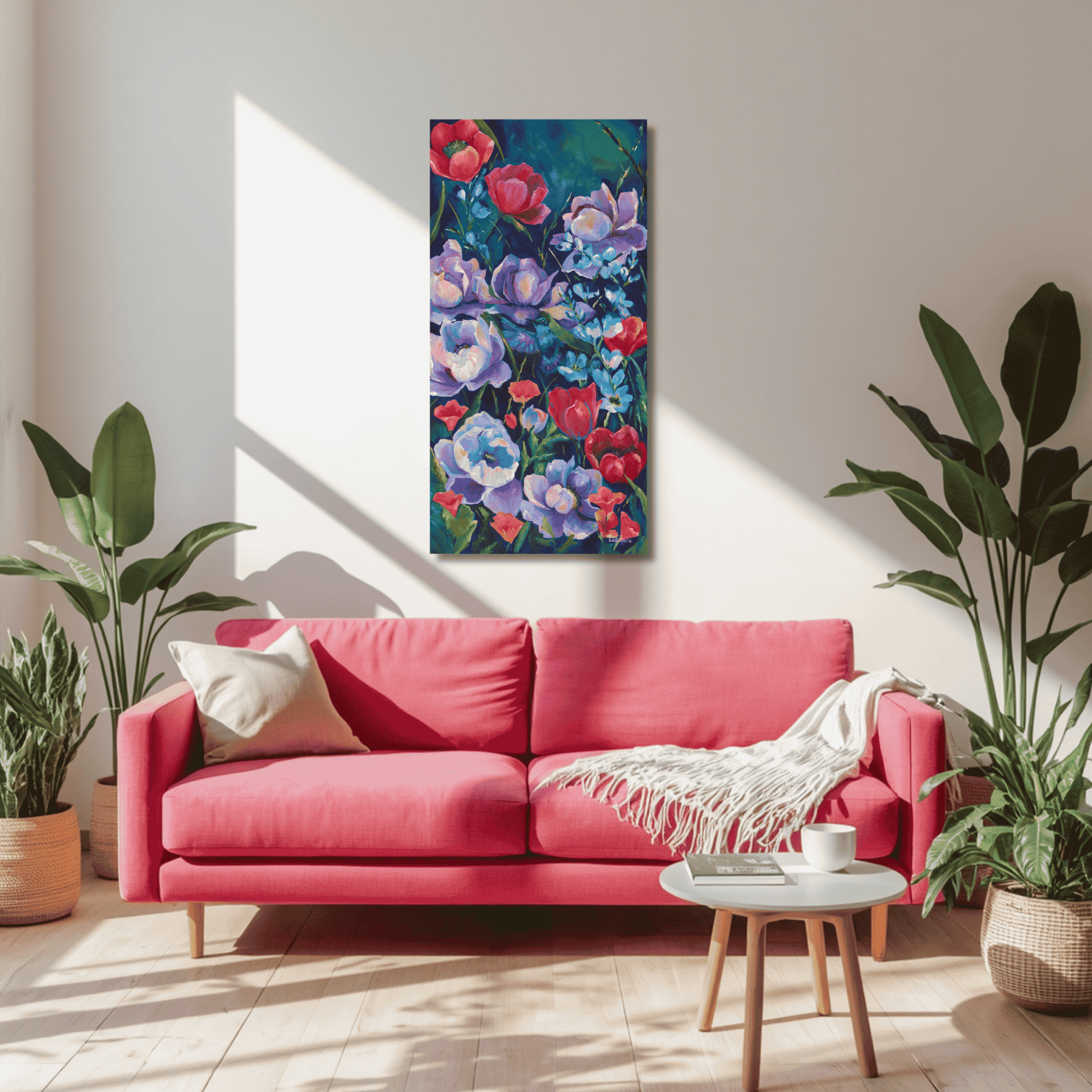 Colorful floral painting with various flowers on a dark background. bold colorful purple flowers with a in flight hummingbird. Jewel tones perfect for a nature lover or a mximalist home decor