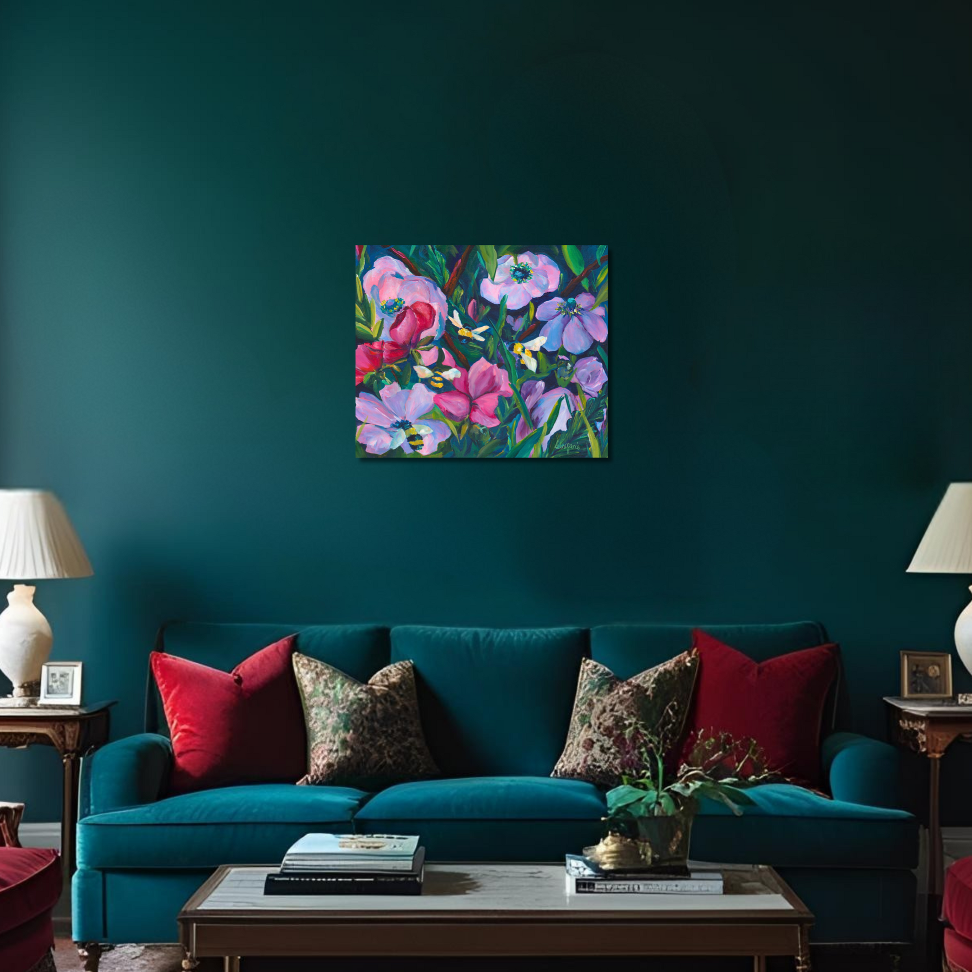 jewel tone living room with a purple flower hand painted artwork as a statemnt piece