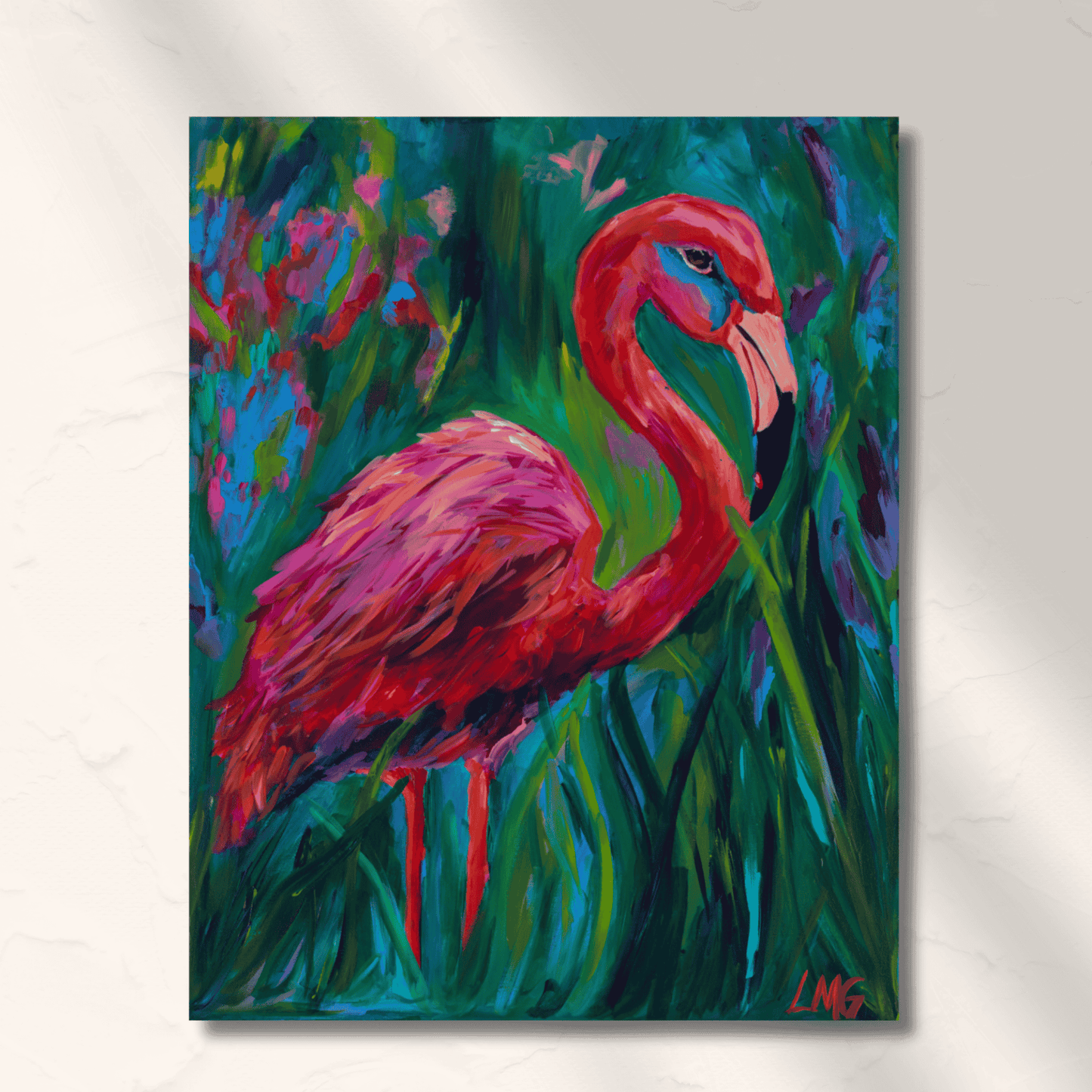 abstract hot pink famingo perfect for maximalist jungle home decor