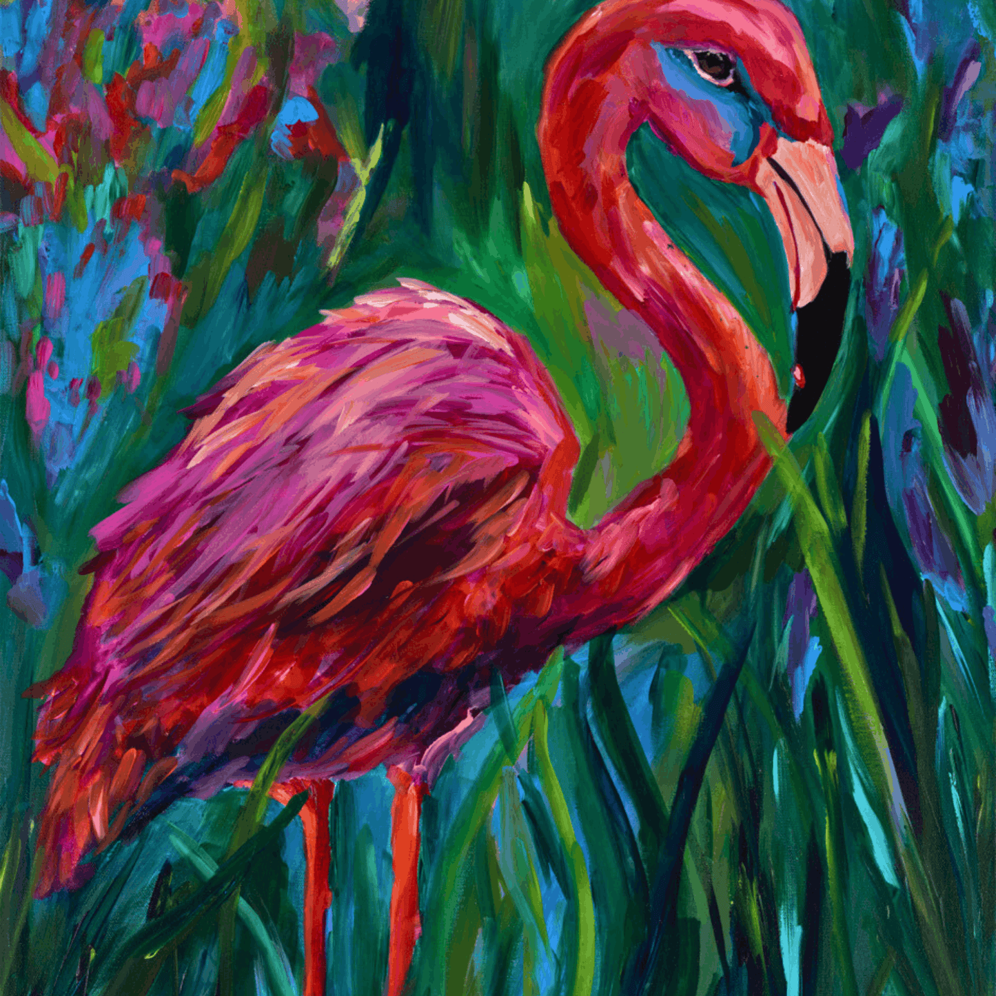 Whimsical flamingo painting with vibrant colors and storybook charm, statement wall art for color lovers and maximalist spaces