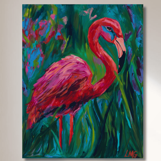 Pink flamingo fine art print reproduction on archival paper and gallery-wrapped canvas with vibrant tropical background