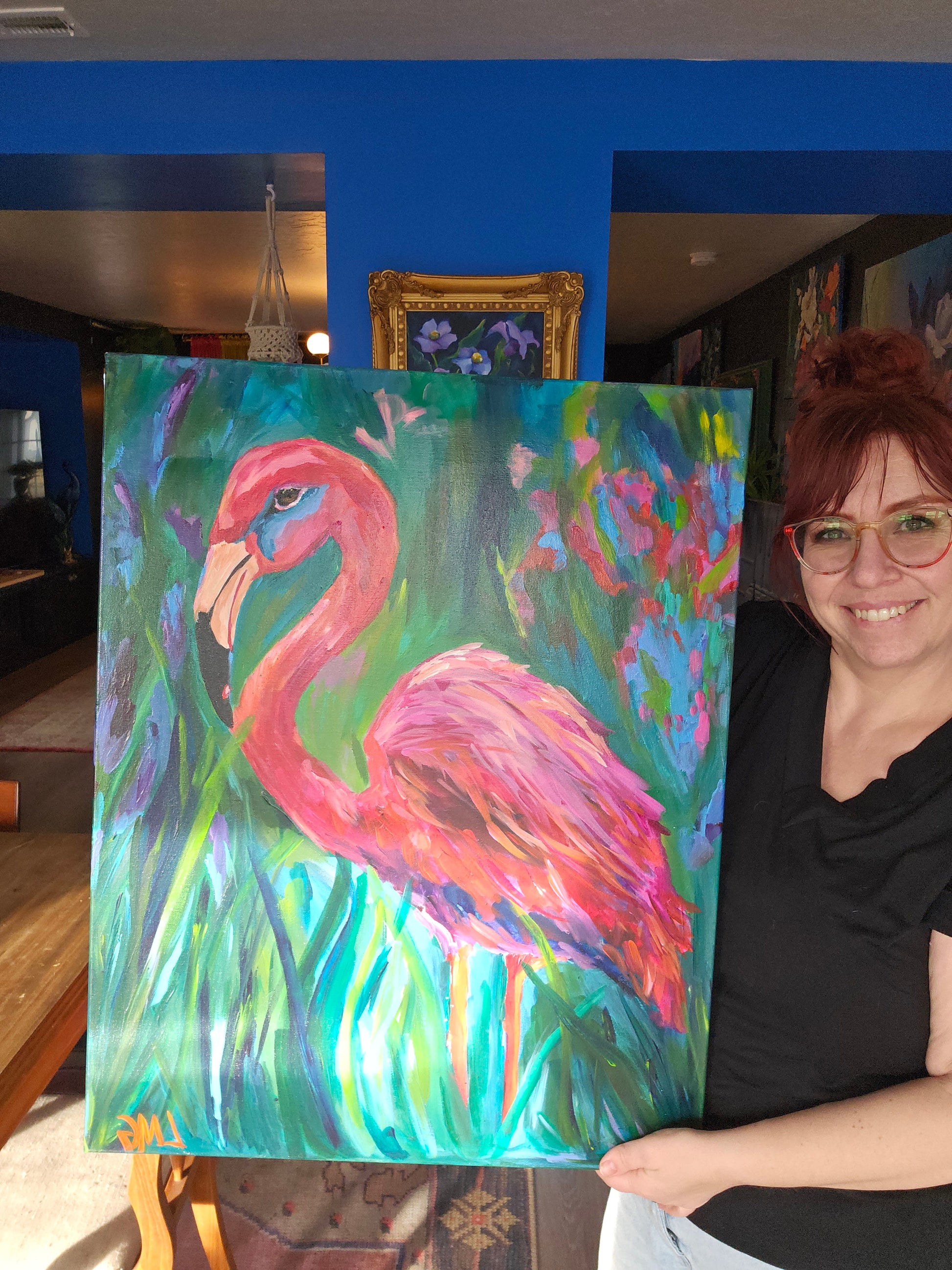 Bright flamingo artwork with bold pinks and playful expression, original dopamine art celebrating whimsy and imaginative interiors