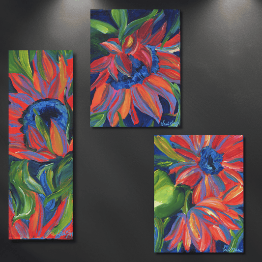 Set of three original sunflower paintings, vibrant red orange blue floral artwork for modern home decor and designers