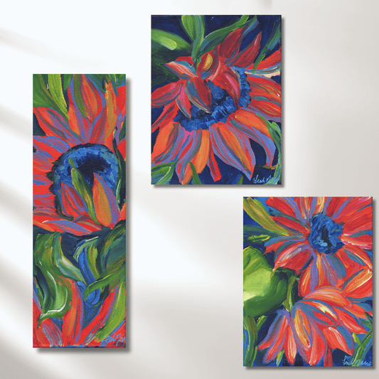 Colorful sunflower painting set, original mini artworks, bold floral wall art for gallery wall and interior design styling