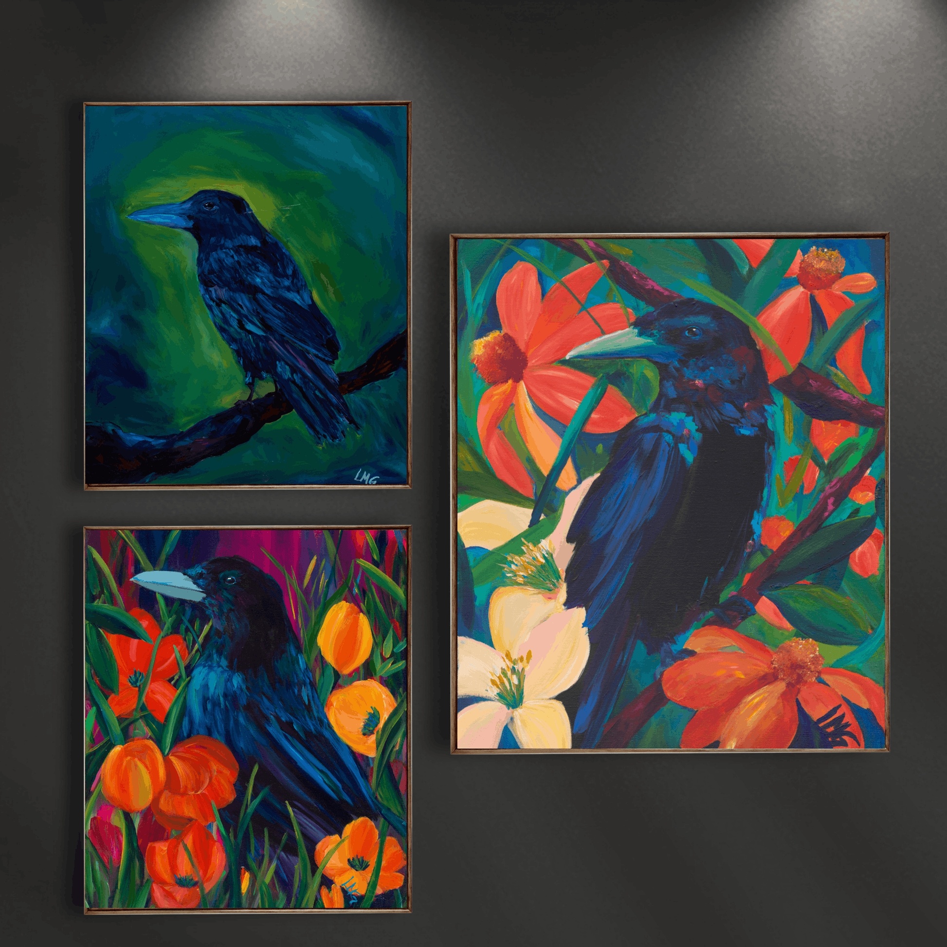 Handcrafted crow art prints in a set of 3, printed on premium paper and designed to elevate gothic and witchy interiors.