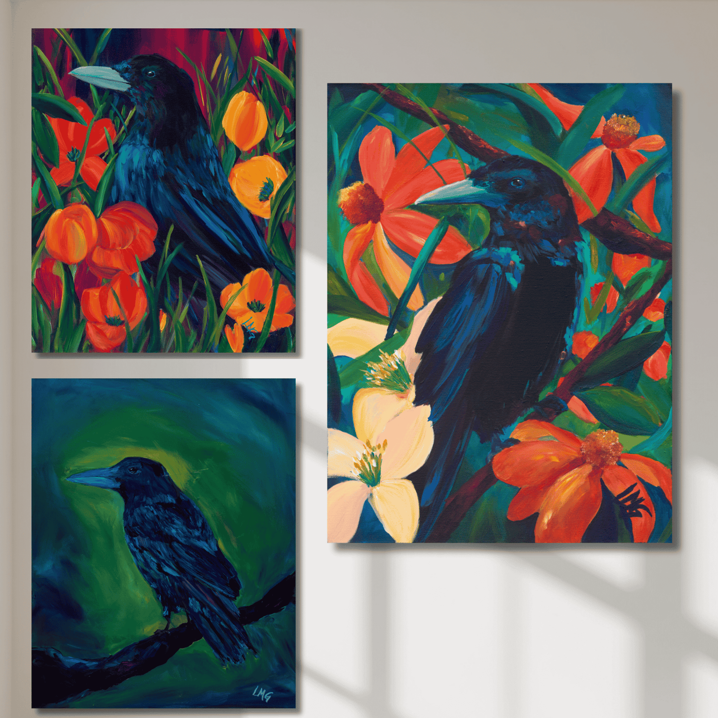 Set of three raven wall art prints in black and moody tones, perfect for gothic decor lovers and dark-themed gallery wall setups.