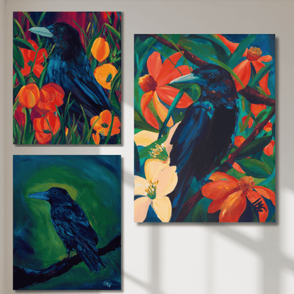 Set of three raven wall art prints in black and moody tones, perfect for gothic decor lovers and dark-themed gallery wall setups.