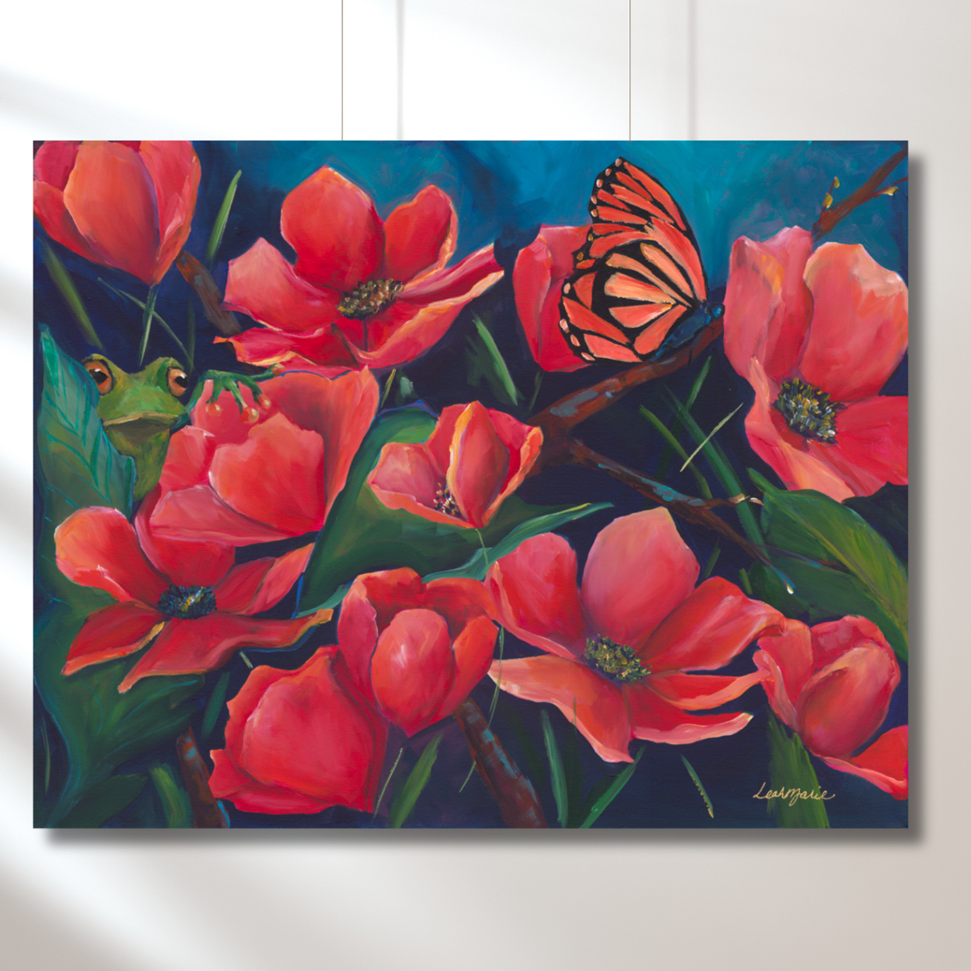 bold bright orange and red floral maximalsit painting one of a kind bold artwork transforming the emotions in a room . Adding the energy of red to boost mood.