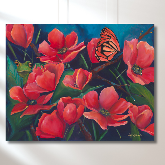 bold bright orange and red floral maximalsit painting one of a kind bold artwork transforming the emotions in a room . Adding the energy of red to boost mood.