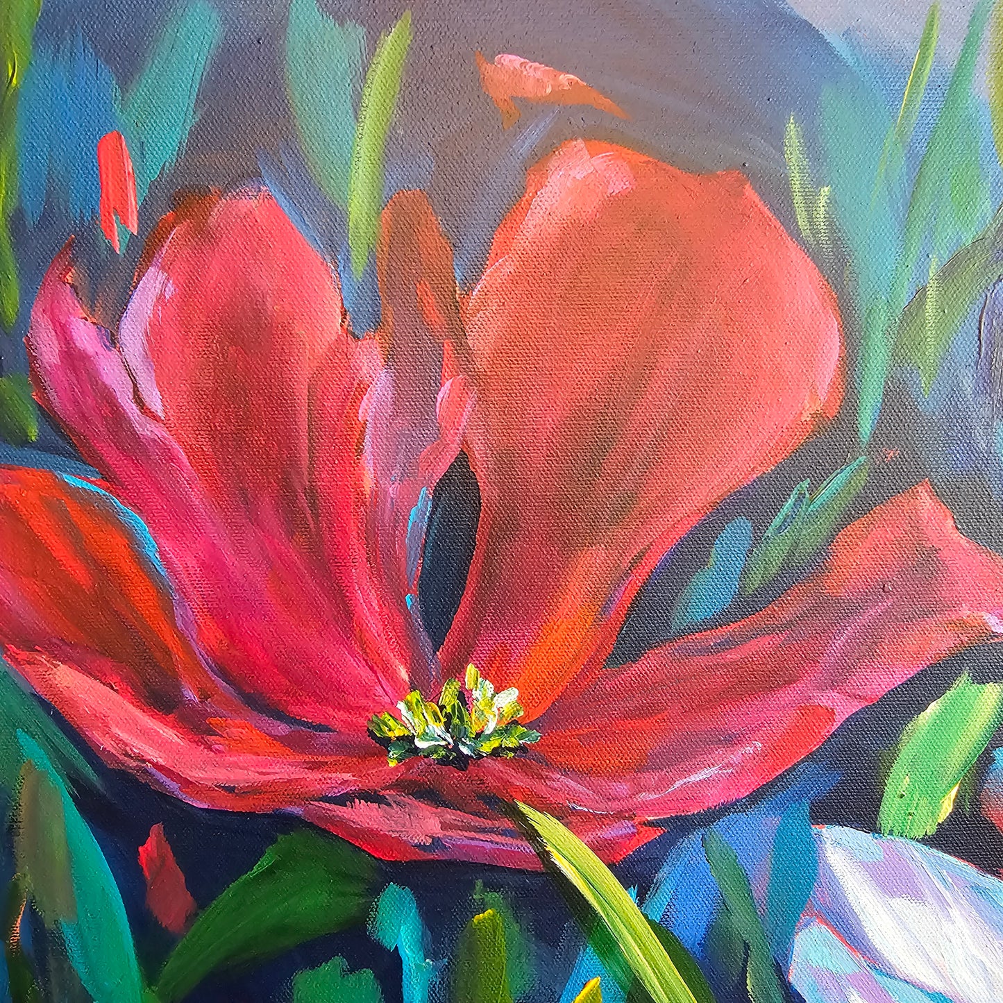 abstract red flower in abstract green grass original painting on canvas