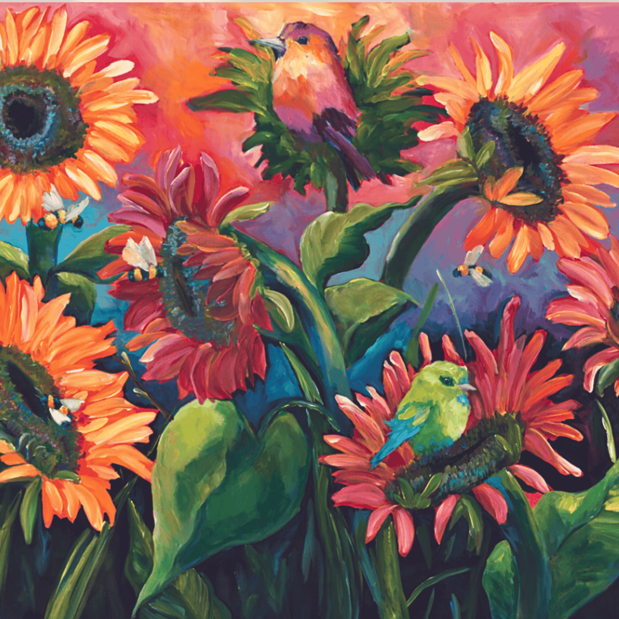 Close-up of expressive brushstrokes in sunflower and bird painting, rich color and texture in joyful spring artwork