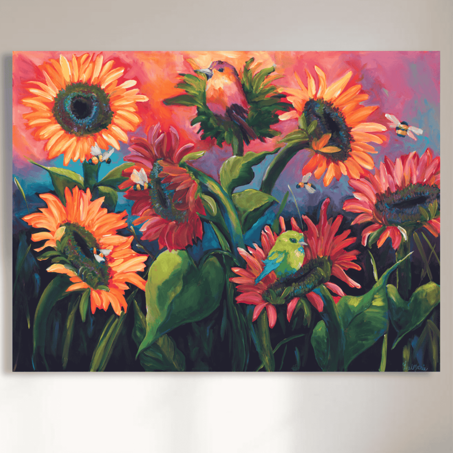 Colorful sunflower and wildflower painting print with birds, bold dopamine decor wall art for maximalist home, vibrant floral artwork for joy-filled interiors