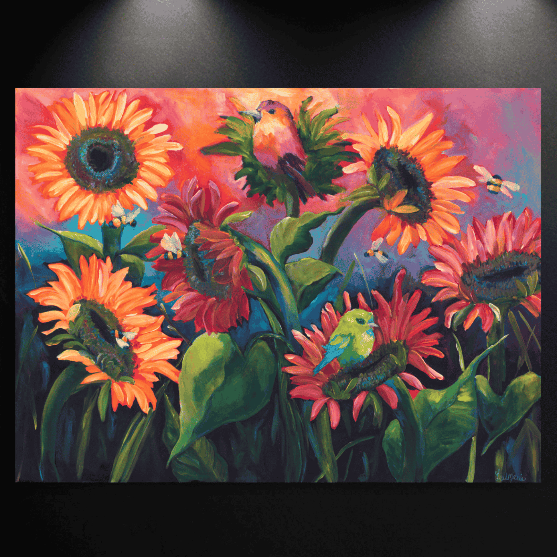 Vibrant sunflower and floral painting print, bold colorful wall art for dopamine interiors, maximalist home decor for collectors who love joyful spaces
