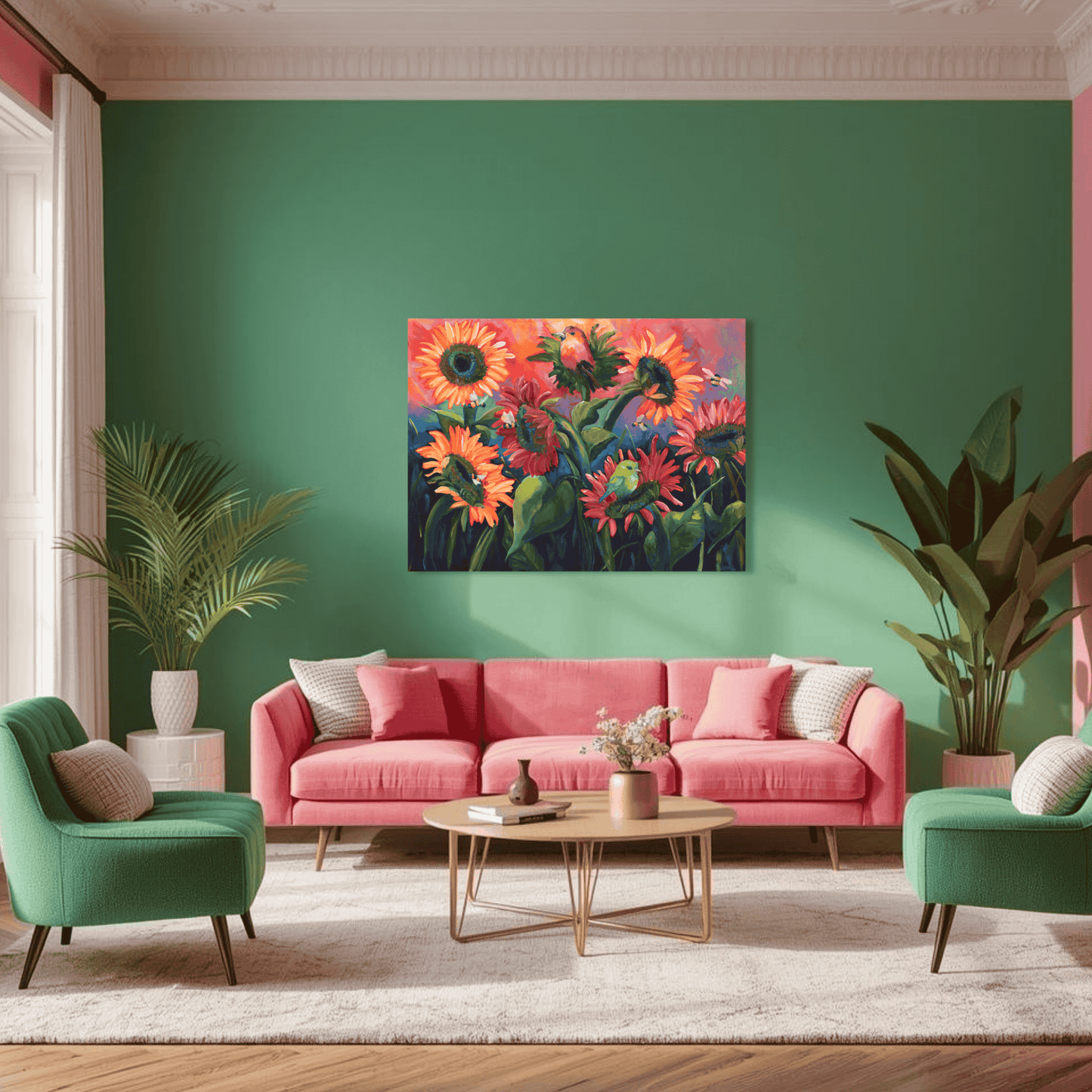 Bright sunflower garden art print with birds and layered color, dopamine decor for color lovers, maximalist floral wall art for expressive collectors