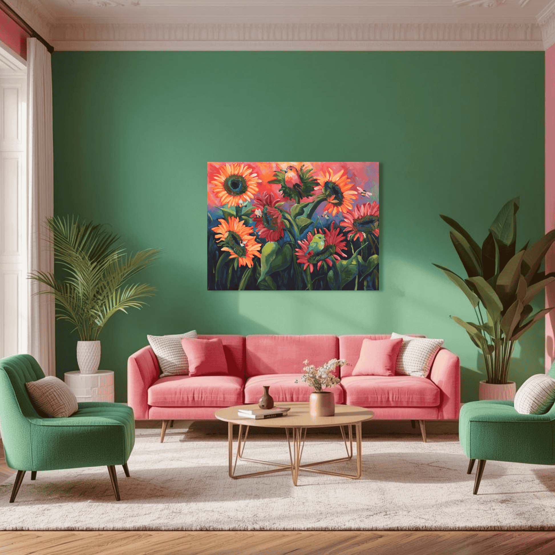 Bright sunflower garden art print with birds and layered color, dopamine decor for color lovers, maximalist floral wall art for expressive collectors