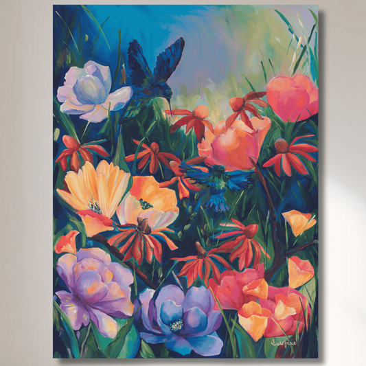 Colorful hummingbird floral fine art print reproduction on archival paper and gallery-wrapped canvas with vibrant botanical design