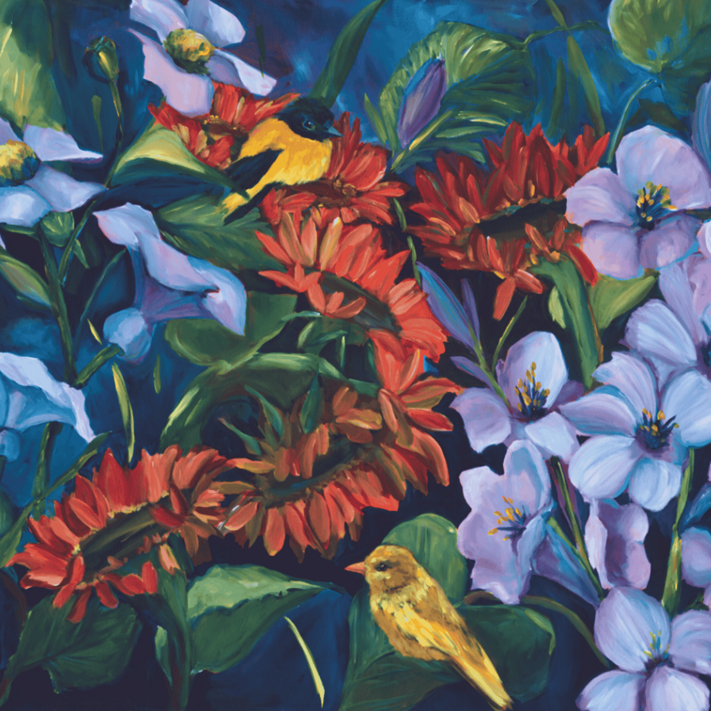 Close-up of floral and bird painting with soft petals, warm colors, and expressive brushwork in a peaceful, nature-inspired artwork