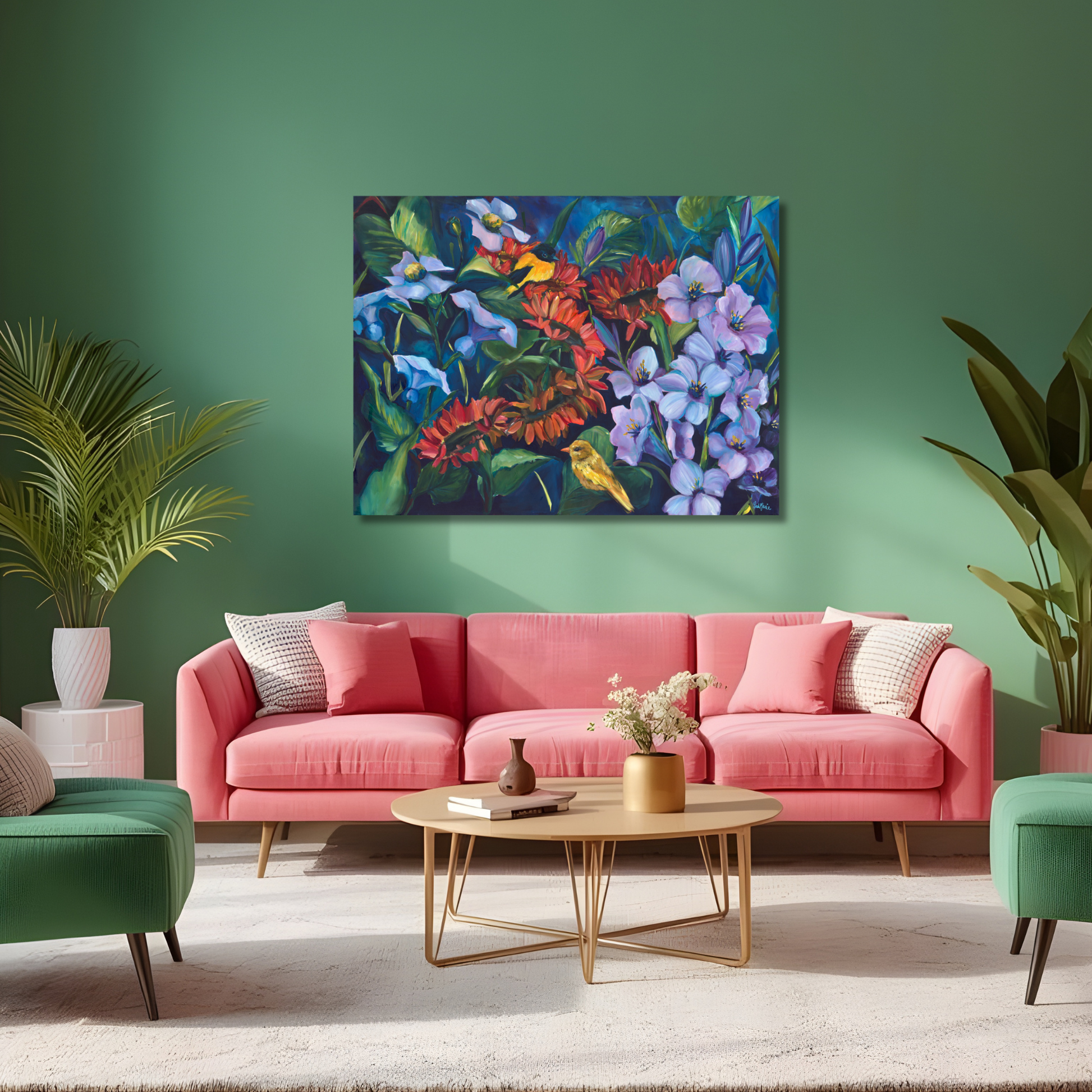 Colorful floral bird painting displayed in living room, serene garden artwork adding warmth, calm, and personality to home decor