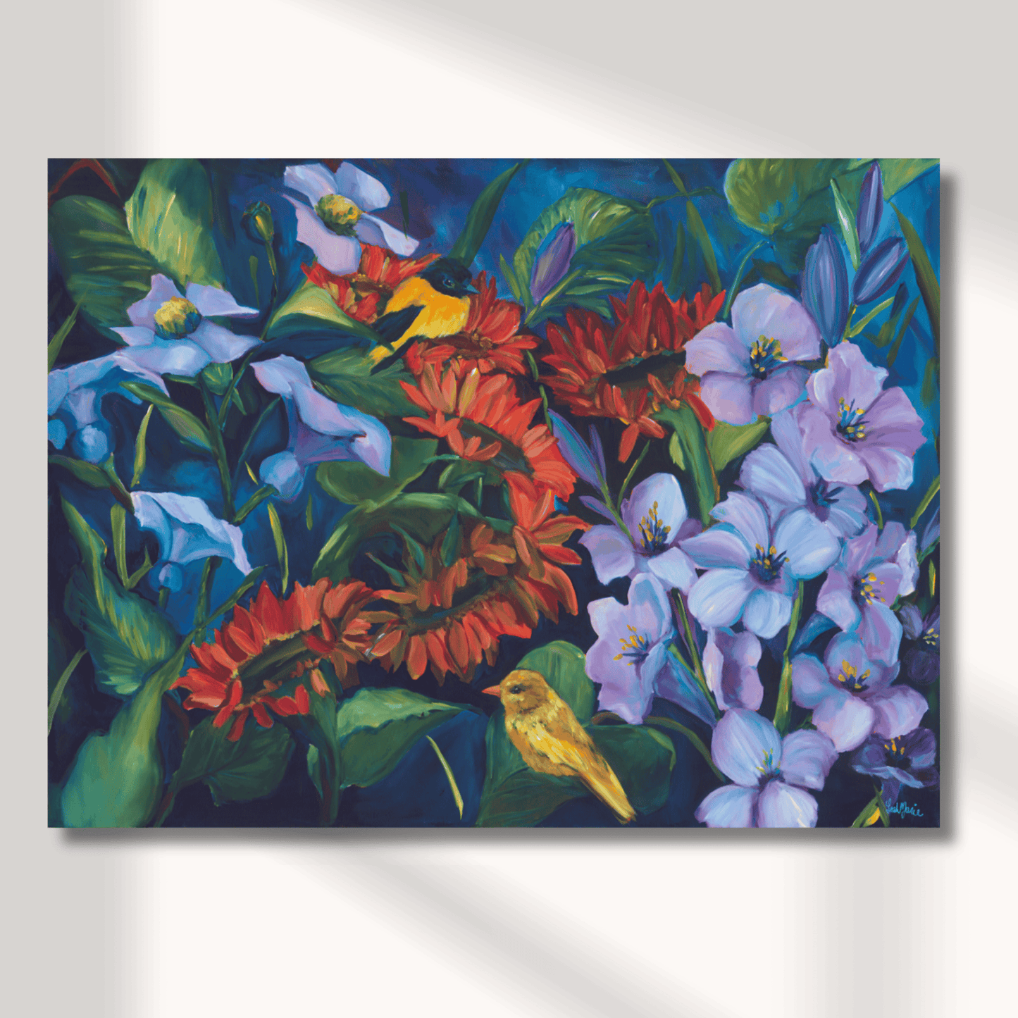 Large original floral and bird painting “Simple Joys” with soft blooms and warm colors, serene garden artwork bringing calm and joyful energy to a space
