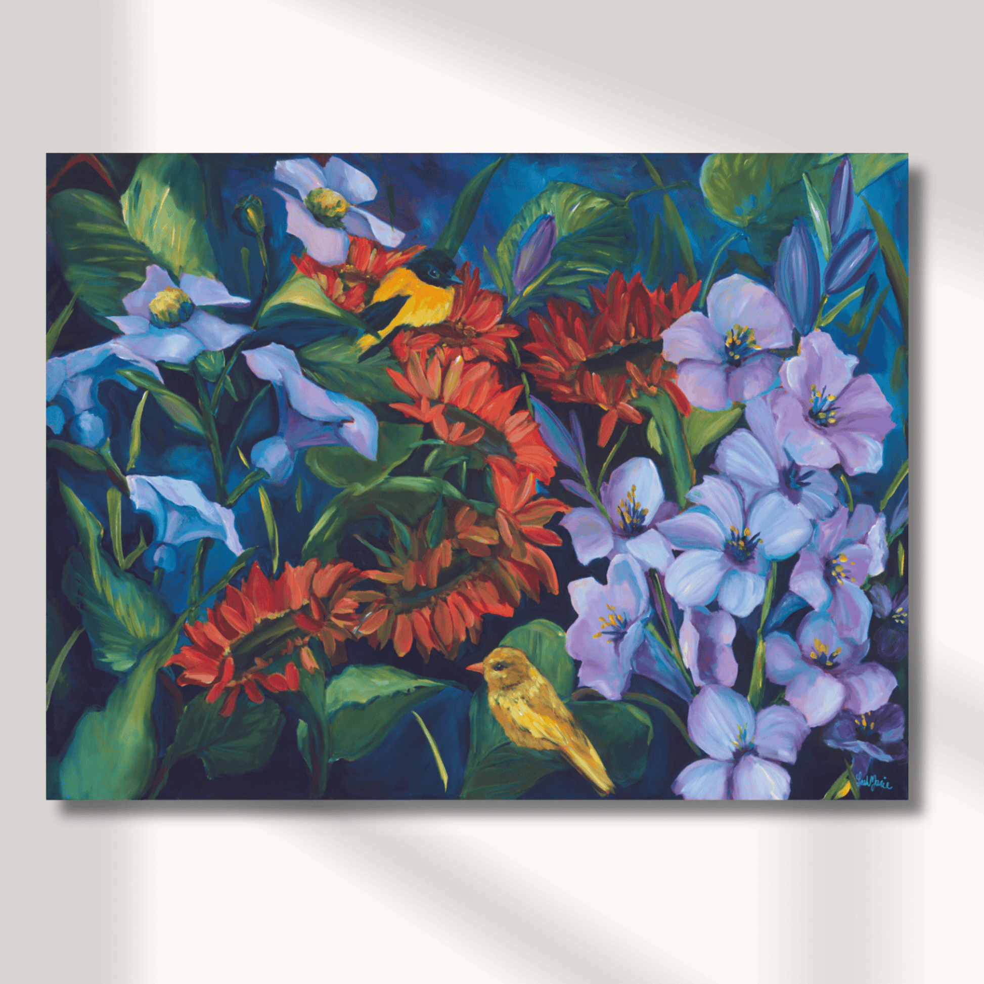 Large original floral and bird painting “Simple Joys” with soft blooms and warm colors, serene garden artwork bringing calm and joyful energy to a space